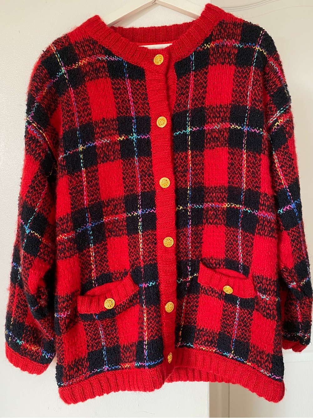 Vintage 80s Red and Black Plaid Oversized Wool Cardigan Jacket Gold Buttons